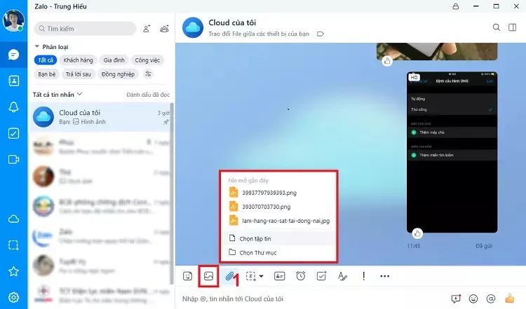 Tính năng Cloud của tôi trên zalo cho phép chuyển ảnh giữa điện thoại và máy tính