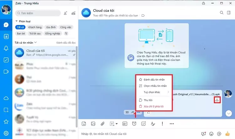 Tính năng Cloud của tôi trên zalo cho phép chuyển ảnh giữa điện thoại và máy tính